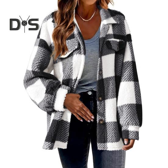 

Осенне-зимняя женская куртка с ложными карманами, контрастный клетчатый принт, отложной воротник, однобортный кардиган с длинными рукавами, плюшевое пальто большого размера S чёрный