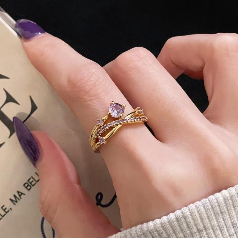 Retro Purple Diamond Colored Treasure Zircon Medieval Brushed Open Ring Gold Light Luxury High-End Niche Accessories Women