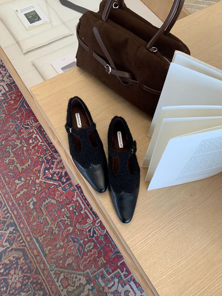 2025 Winter Atmosphere! Temperament Woolen Pointed Splicing Mary Jane Shoes Women's Autumn Velvet Inner Height-increasing Single Shoes