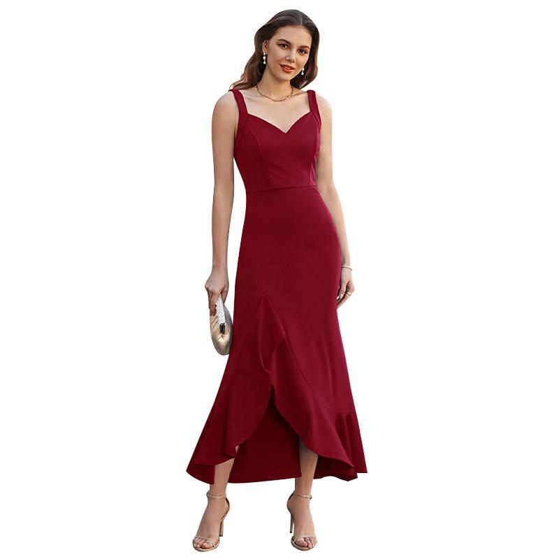 

2023 New Fashion Asymmetric Ruffles Evening Party Dress V-neck Brace Maxi Dress Red XL