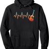 Women Music Heartbeat Hoodie Black Color Gradient Print Streetwear Oversized Guitar with Ecg Line Design Kangaroo