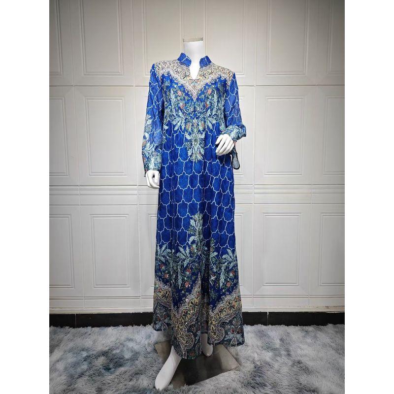 

Middle East New Fashion Embroidered Print Robe Dress Embroidered Printed Robe Dress Dark Blue 2XL