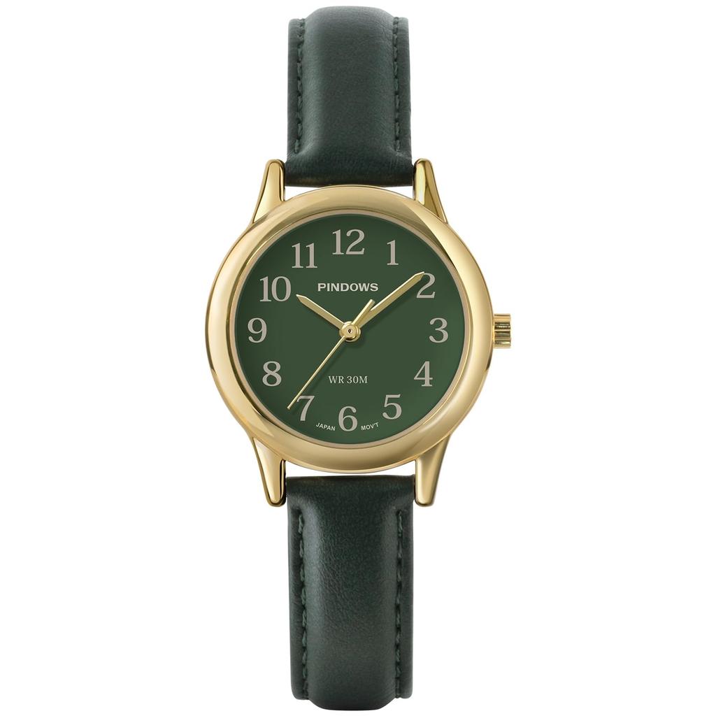 PINDOWS Damski Slim Minimalistyczny Zegarek Kwarcowy Analogowy z Czarnym Skórzanym Paskiem i Kopertą w Odcieniu Złota - Stylowy i Elegancki Zegarek na Co Dzień