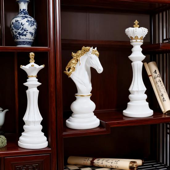 Chess Piece Statue Collectible Black White Horse Sculpture King Queen Knight Chess Piece Figurine for Home Office Desk Shelf Decoration