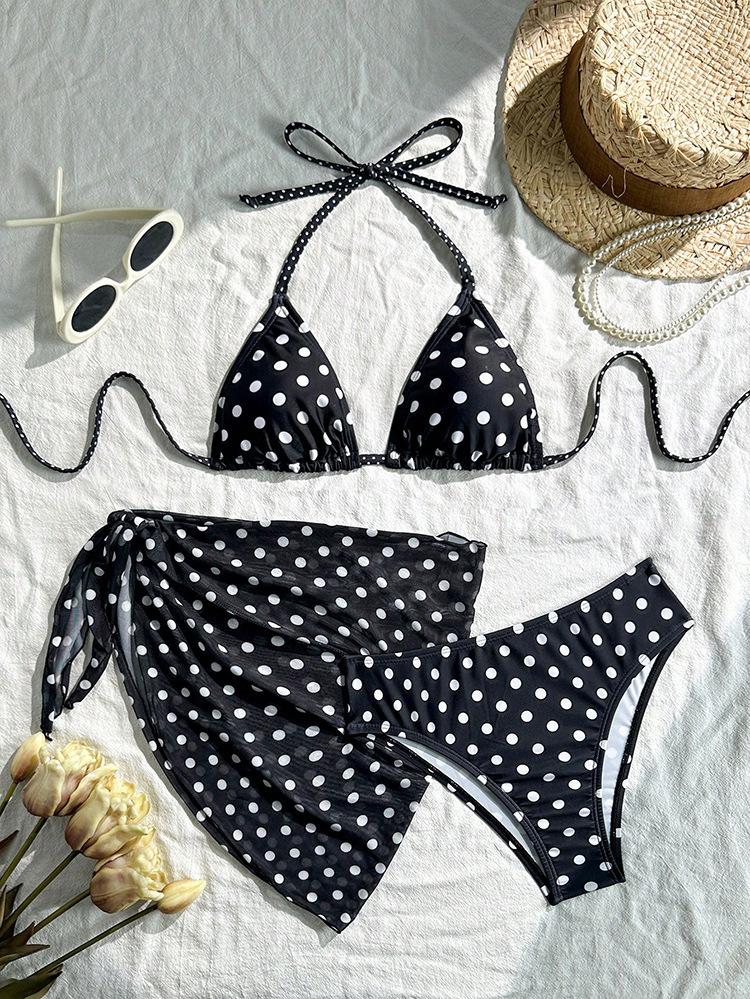 TS JYL-SW013 Polka Dot Three-Piece Bikini, Lace-Up Elegant Swimwear For Hot Spring XS