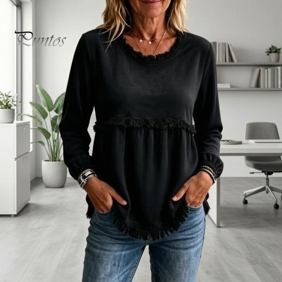 Autumn Outfit Women Fall O-Neck Shirt, Loose Fit Casual Fringe Blouse, Solid Long Sleeve Pullover Color Ruffle Top with Tassels Shirt
