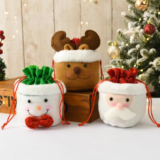 Christmas Drawstring Gift Bag 3D Plush Reindeer Santa Snowman Fruit Sacks Reusable Fabric Candies Goodie Storage Bag for Xmas Party Favors