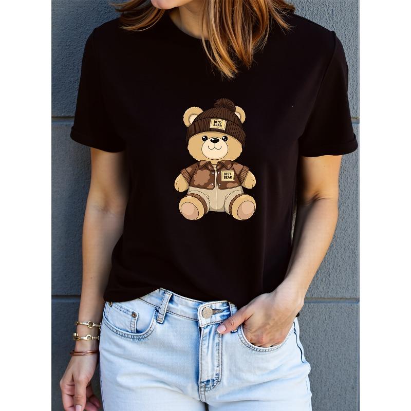 Damen Y2K Style Kurzarm-T-Shirt - Lässiges Oberteil mit Cartoon-Bären-Design, Bequem für alle Jahreszeiten, Maschinenwaschbar