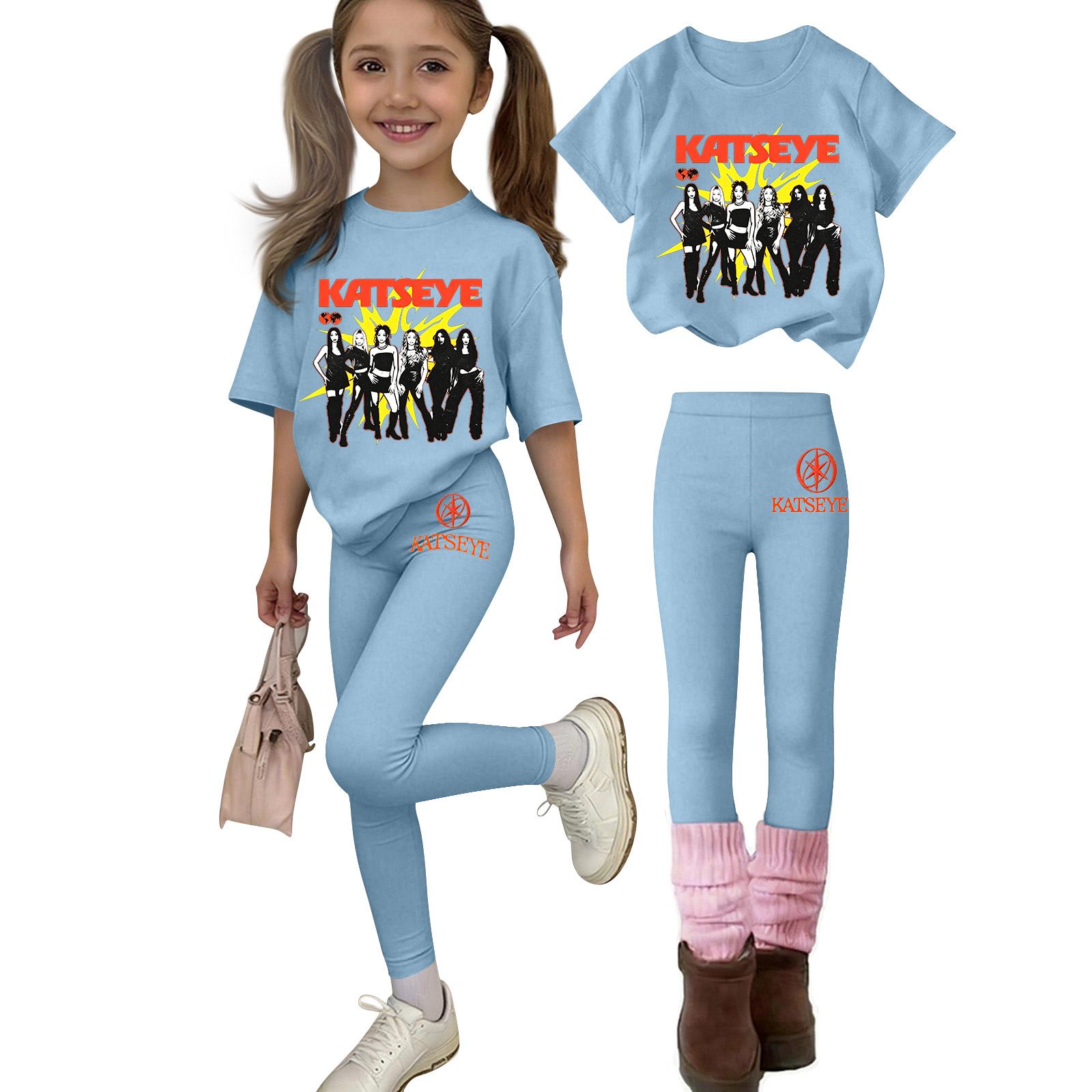 Kids Casual Printed Round Neck Top and Pants Set, Loose Fit Fashion Outfit 100