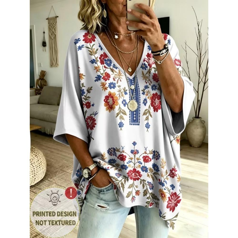 Women's large size V-neck top, elegant and comfortable simple striped pattern print large size women's V-neck T-shirt