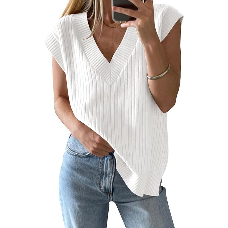 Women Casual Loose V Neck Sleeveless Knit Sweater Vest Top S белый