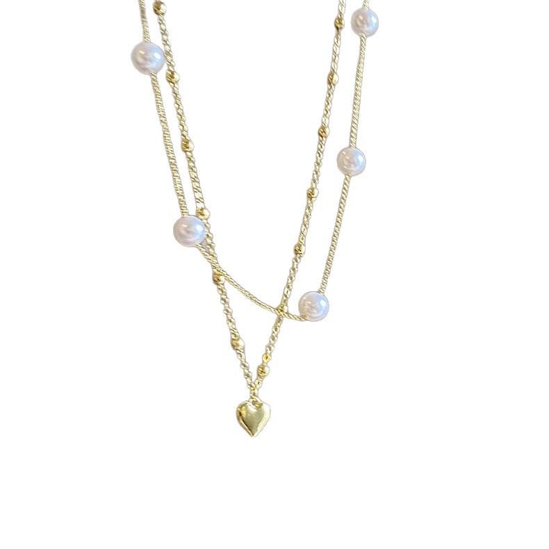 Pearl Love Heart Layered Necklace - Summer French Luxury, Elegant Choker for Women
