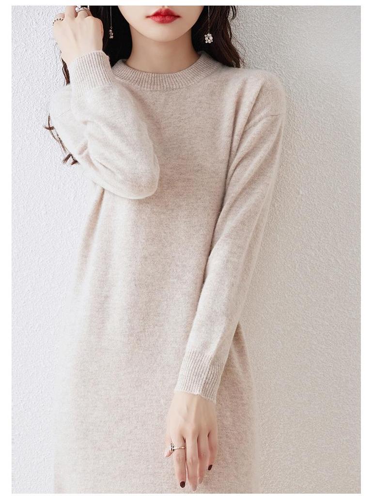 Women's Long Wool Knitted Dress - Over-the-Knee, Semi-High Neck, Loose Fit for Autumn/Winter