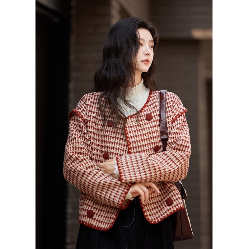 Berry Red Tweed Style Short Woolen Jacket M