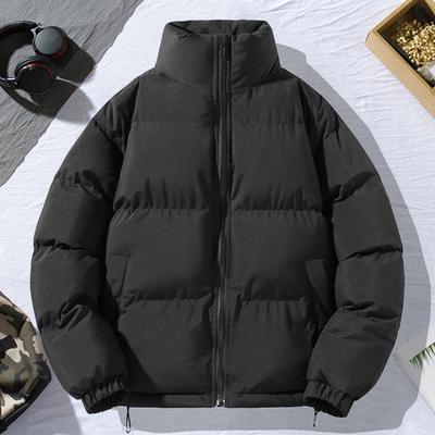 Men Cotton Coat Stand Collar Long Sleeve Zipper Placket Jacket with Pockets Solid Color Thickened Warm Quilted Outwear