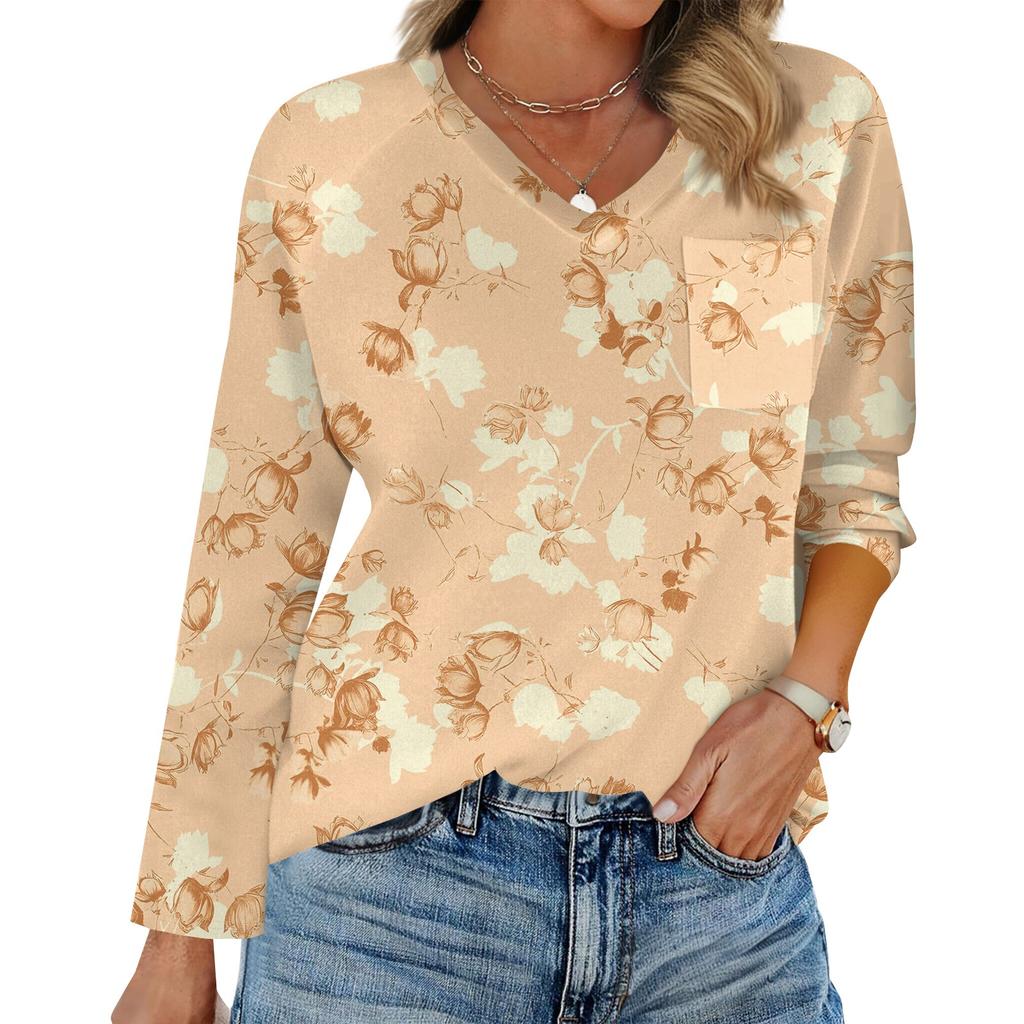 Women's Raglan Long Sleeve V-Neck T-Shirt Splicing Solid Color Casual Top Pullover V-Neck Pocket Bottoming Shirt
