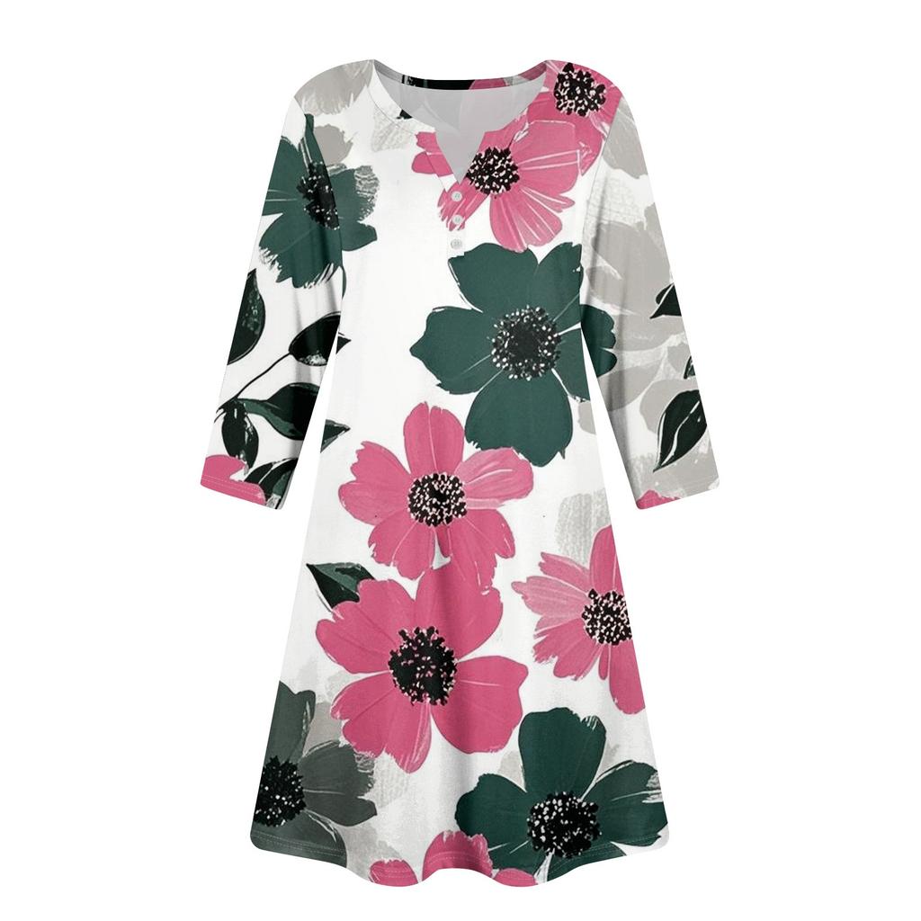 Women's Summer Dress Loose V Neck Three-quarter Sleeve Sundress With Pockets Dress