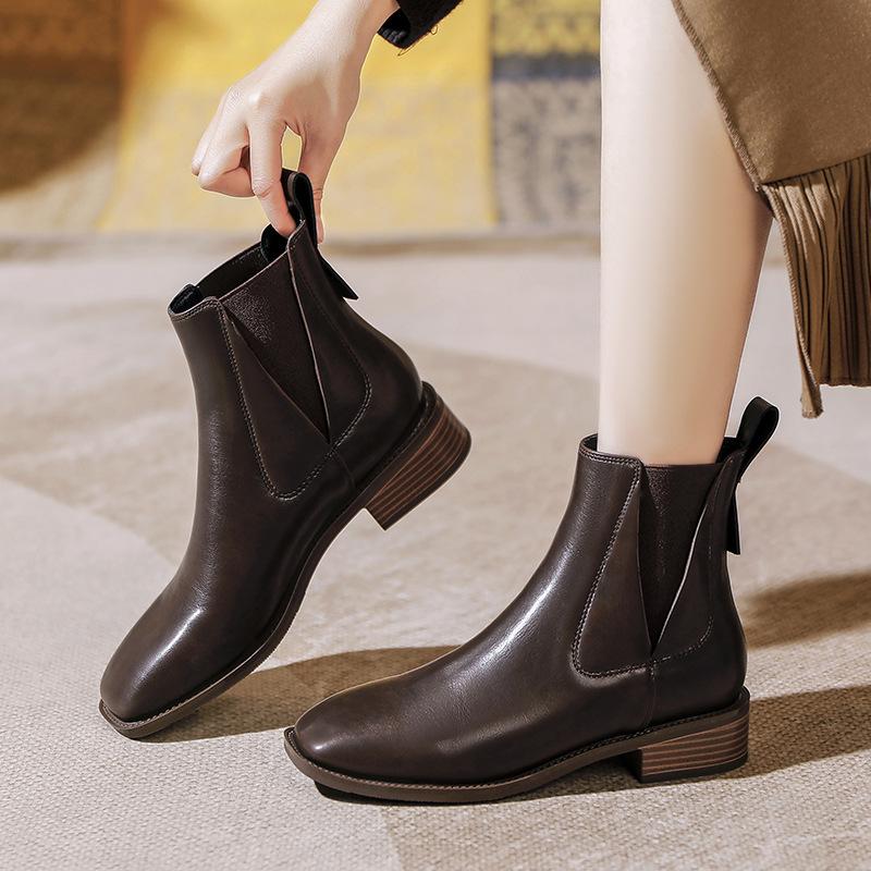 French Square Head Small Short Boots Thick Heel Elastic Boots 2025 New Autumn and Winter Low Heel Leather Boots Brown Thin Medium Boots