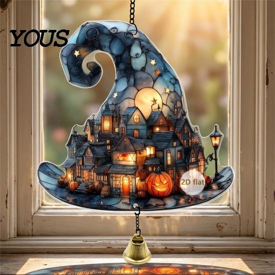 Acrylic Decoration with Bell Halloween 2D Chain, Bell, Stained Glass Ghost Bat Spooky Home Decorations Pumpkin Suncatcher Decor, Window Wall