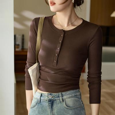 Taillenfalte Maillard Chic Tasche Stoffknopf Langarm-T-Shirt Feminin Reine Baumwolle Basisshirt