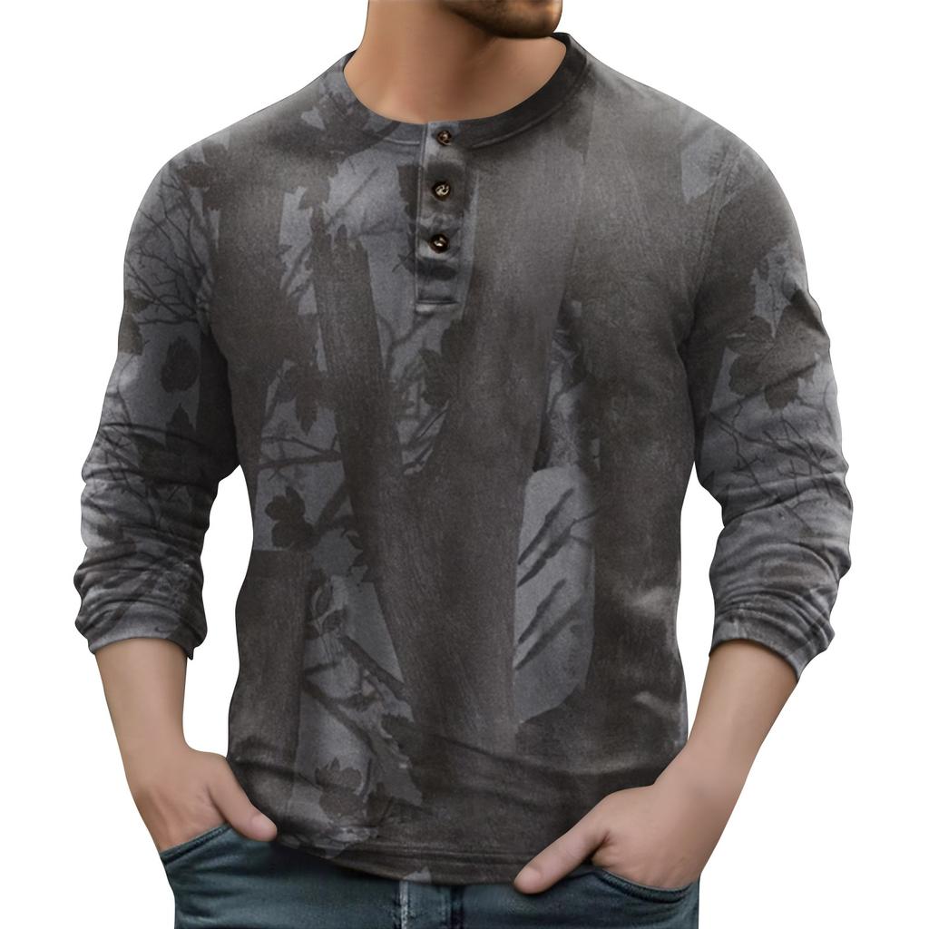 Pánské outdoorové vintage módní sportovní tričko s knoflíkem do V s dlouhým rukávem