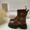 Women Mid-calf Boots Fashion Belt Buckle Designer Women Boots Round Toe Platform Boot Retro Casual Leather Boots for Women Botas