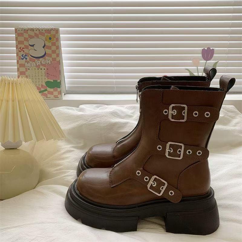 Women Mid-calf Boots Fashion Belt Buckle Designer Women Boots Round Toe Platform Boot Retro Casual Leather Boots for Women Botas
