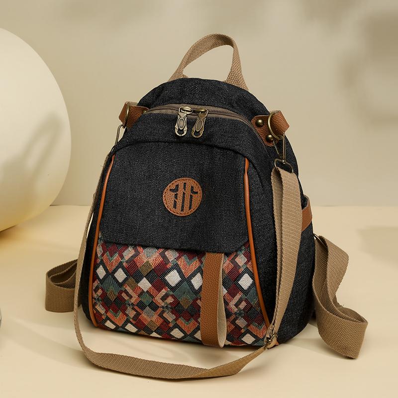 Vintage Color Block Backpack Ethnic Embroidery Shoulder Bag Large Capacity Backpack