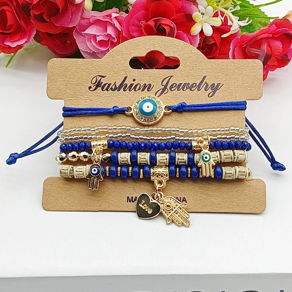 6Pcs Fatima Hand Evil Eye Bracelet Set For Women Heart Charm Beads Rope Chain Bangle Female Bohemian Handmade Jewelry