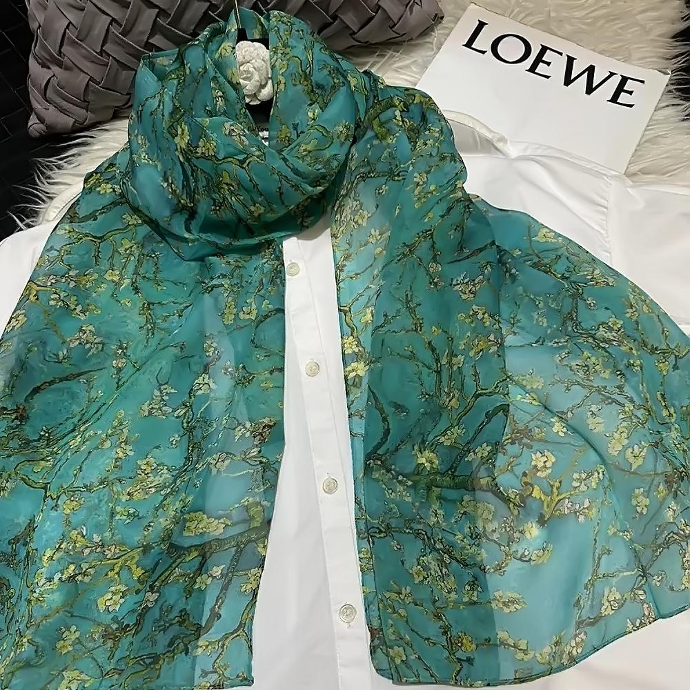 [BYSIFA] 100% Silk Chiffon Scarf Female Brand Leaves Design Grey Khaki Long Scarves Beach Shawls Fall Winter Women Neck Scarves