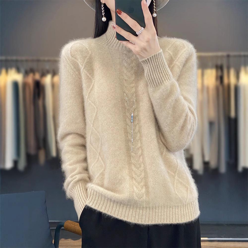 Women's Wool Cable Knit Sweater with High Collar - Thick, Cozy, and Loose Fit for Autumn/Winter