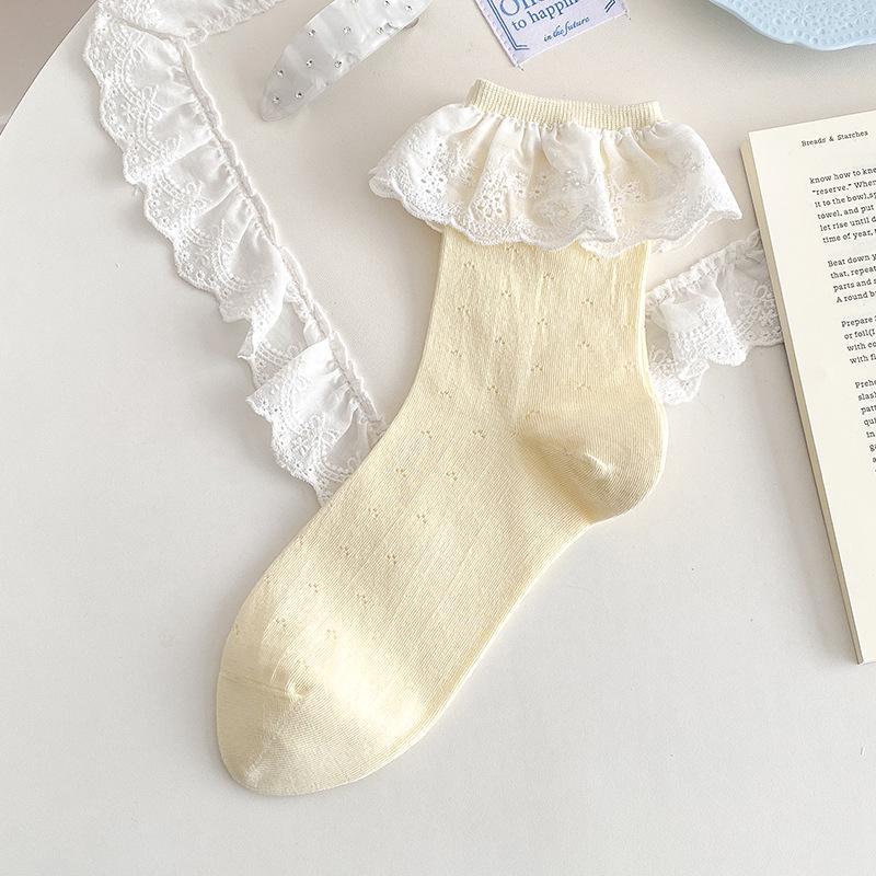 White Lace Ruffle Mid-Calf Ballet Socks – Sweet Lolita Style Cotton Socks for Women One Size светло-желтого