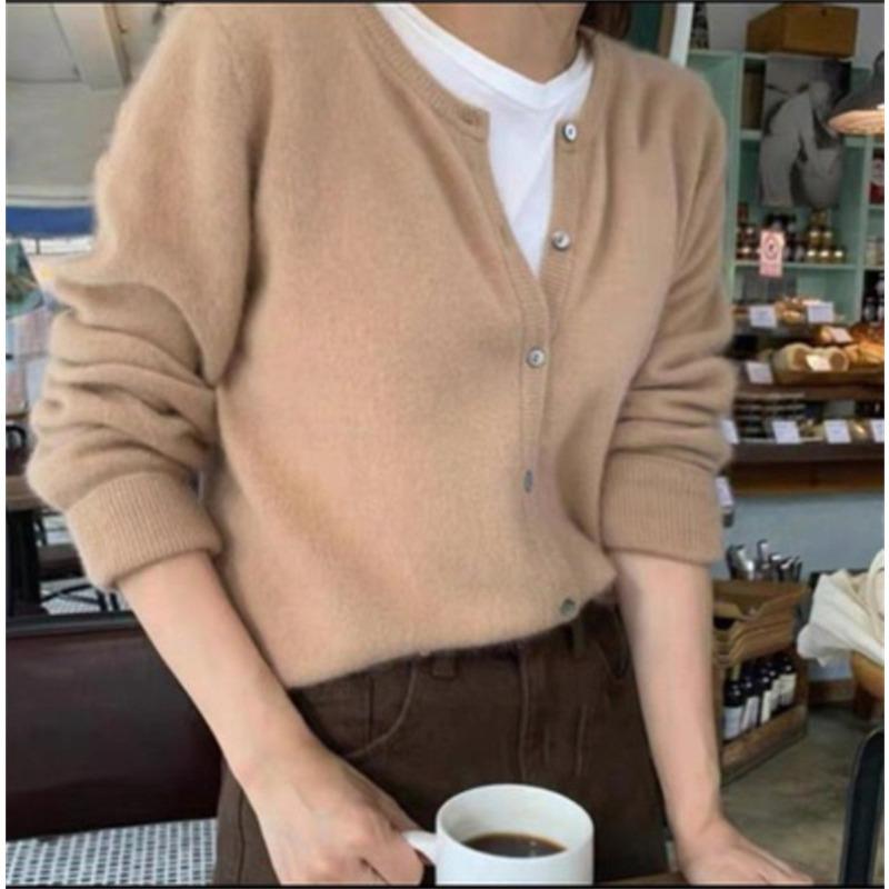 Pletený svetr s kulatým výstřihem v jednobarevné variantě pro ženy, jarní a podzimní volný vnější kardiganová bunda