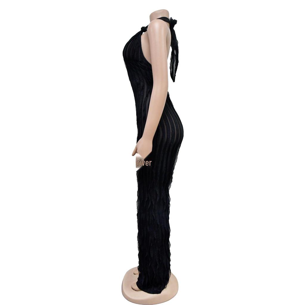 European & American Fashion Women's Solid Color Backless Deep V Pleated Halter Jumpsuit