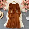 Fall Winter New Retro Knee-length Loose Sweater Dress for Women Twist O-neck Raglan Long Sleeve Hairball Lace-Up Solid Knit Dress