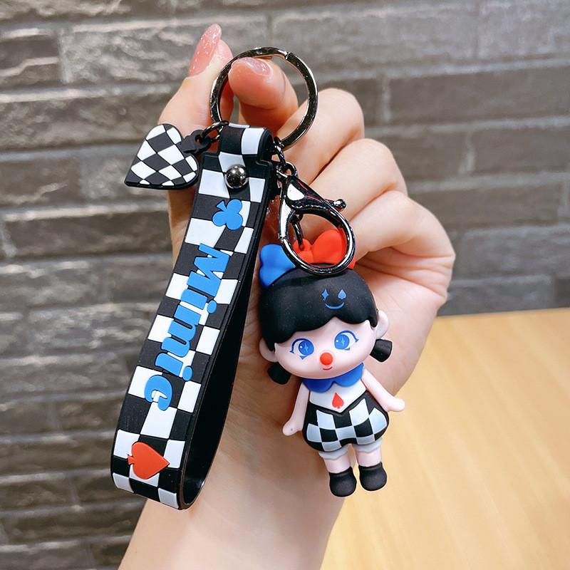 

Girl Cartoon Cute Keychain With Checkered Pattern Ideal Gifts For CheckerGirl Black