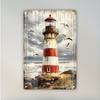 1pc Vintage Coastal Metal Tin Sign Wall Art - Seagulls & Lighthouse Rustic Decor with Easy Hang, Reusable Tin Trim, Durable Naut