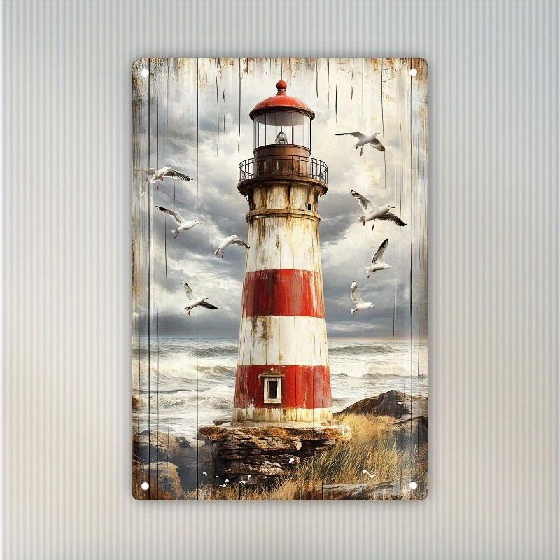 1pc Vintage Coastal Metal Tin Sign Wall Art - Seagulls & Lighthouse Rustic Decor with Easy Hang, Reusable Tin Trim, Durable Naut