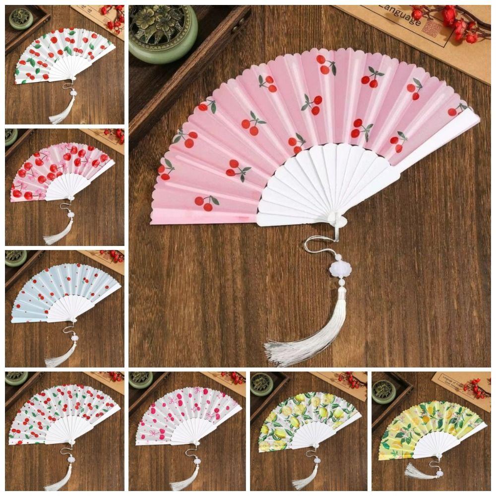 Ventilateur à main pliant design cerise motif fruité Ventilateur rafraîchissant Cadeau Ventilateur à pompon en tissu Femmes