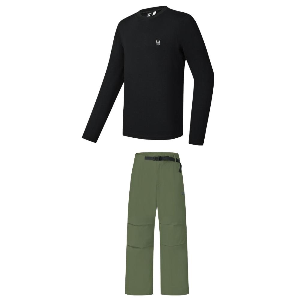 Fila Флисовый топ с круглым вырезом и длинным рукавом и свободные однотонные рабочие брюки Повседневный спортивный костюм Мужской костюм A51M531202F-BK+A51M531801F-KK XXL