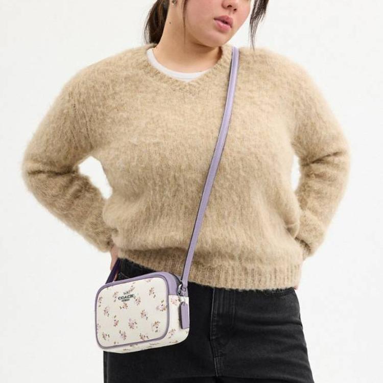 Coach Jamie 20 Floral Print Logo Coated Canvas Camera Bag Women Shoulder Bag Beige Purple CBA70-SVCAH