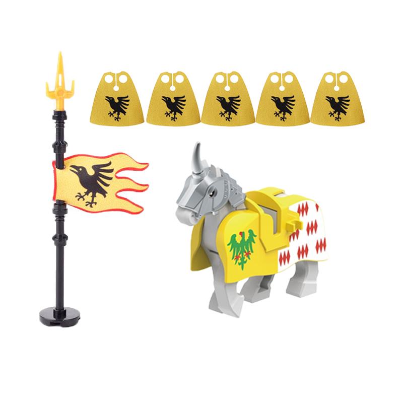 MOC Stavební kostky Středověké Vojenské Figurky Vojáků Rytíř Válečný kůň Halyard Vlajka Zvíře Sedlo Držák Mini Kostka Hračka Dárek X025