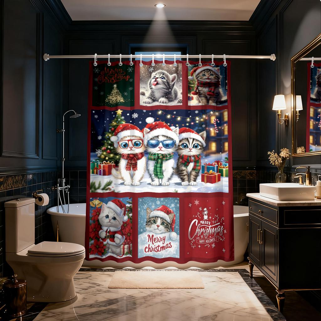 1Pc Christmas Cute Kitten Printed Waterproof Shower Partition Privacy Curtain 12 Hook Multi Size Decoration Machine Washable