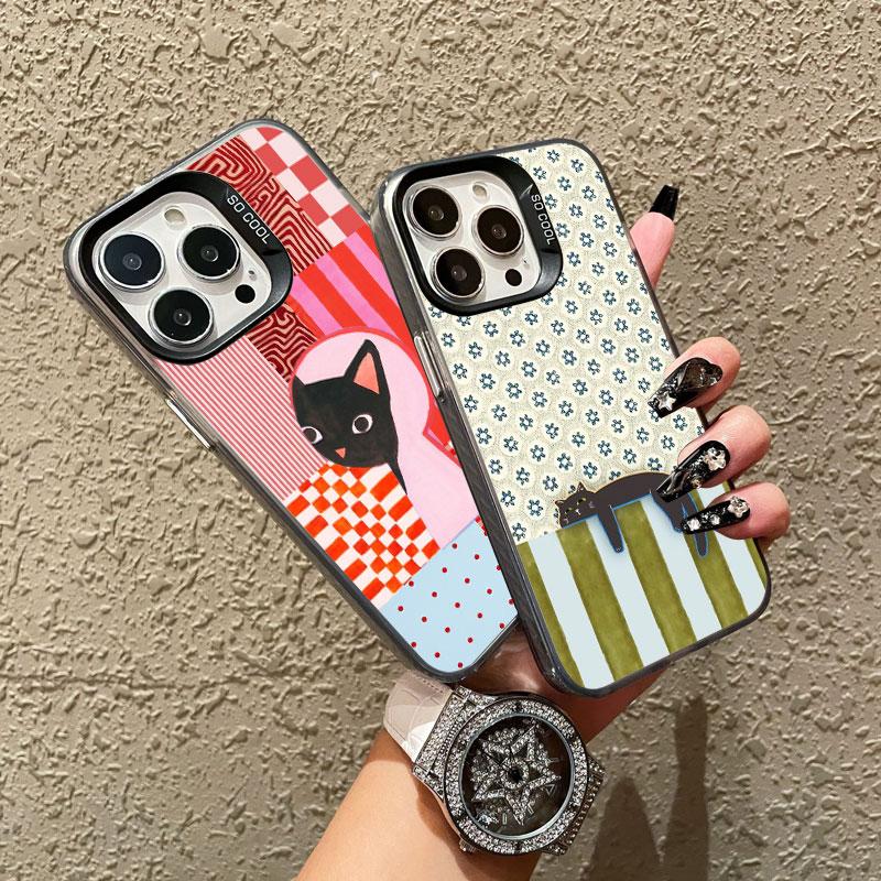 Artistic Black Cat Striped Pattern Laser Phone Case For iPhone 17 15 14 Pro Max Plus 17 Air 16 13 12 Mini 11 Pro Max Cover Funda