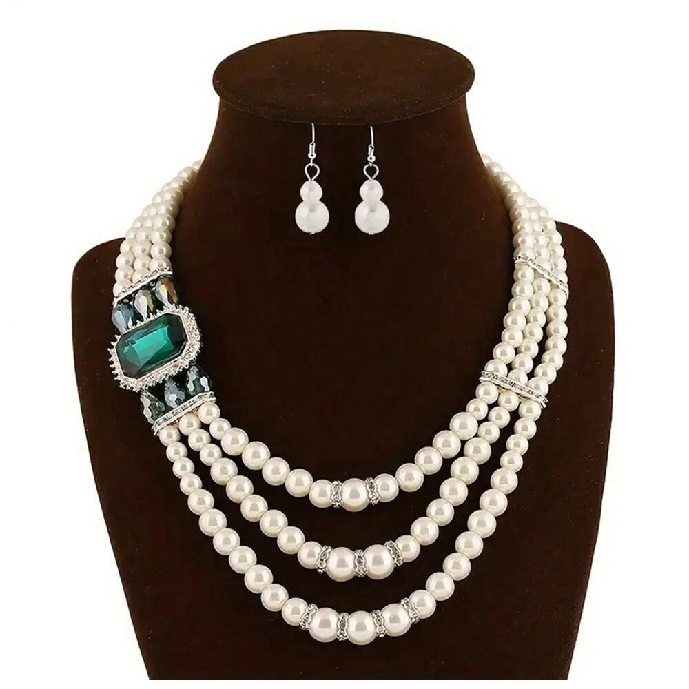 Svatební Zirkonová Sada 2024 Trendy Elegantní Vícevrstvý Náhrdelník a Náušnice se Čtvercovými Skleněnými Krystaly Imitujícími Perly