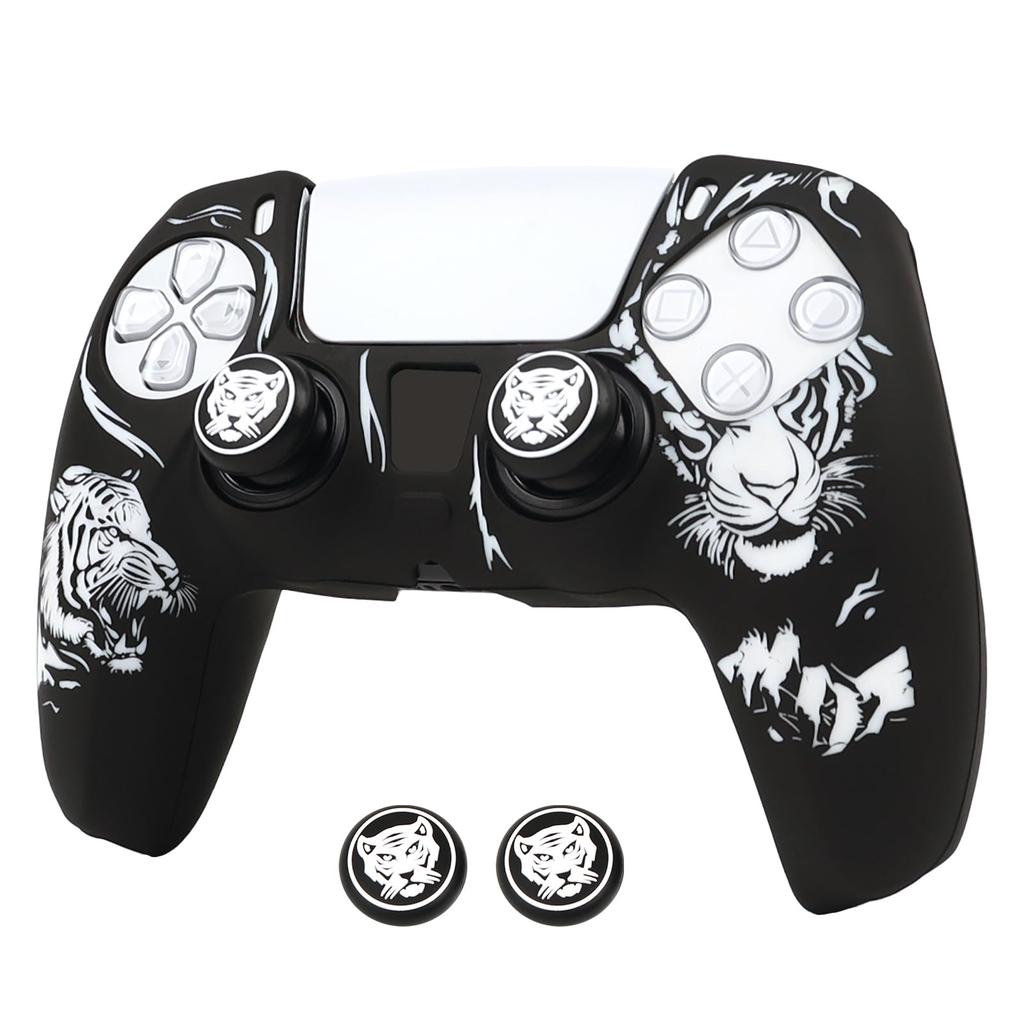 RALAN PS5 Controller DualSense Compatible with Silicone Joystick Perfect Ergonomic Design and White Caps, Anti-Slip, Black, Fit, (Black Tiger)