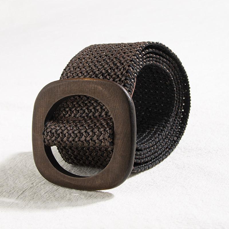 Bohemian Wide Woven Belt For Dresses With Wooden Buckle Ethnic Style For Women