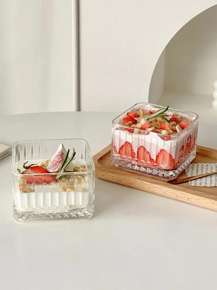 Retro Checkered Ice Cream Bowl Square-shaped Glass Bowl Desserts Fruits Cereal Breakfast Small Salad Bowl Home Kitchen Tableware
