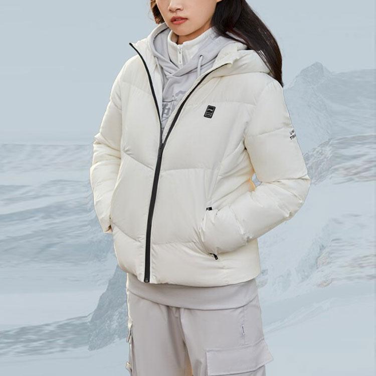 Li Ning Training Series Logo Warm Hooded Down Jacket Women Outerwear Off-White AYMS270-1