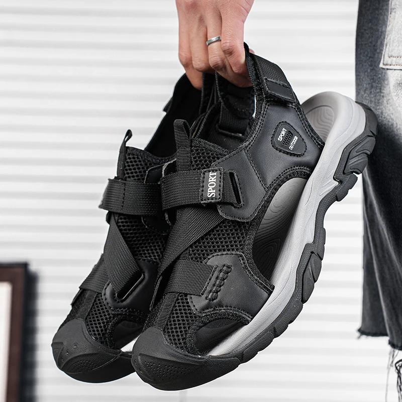 

New Arrival Leather Summer Flats Lightweight Breathable Beach Shoes Comfortable Sandals Handmade Anti-collision Toe Men Sandals 38 чёрный